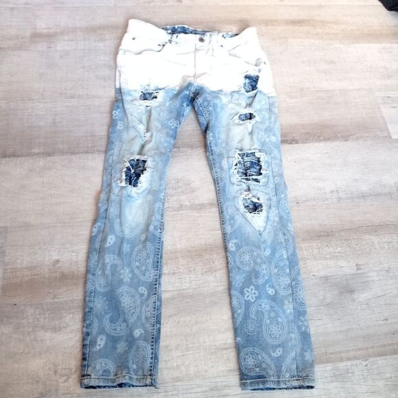 Copper Rivet Jeans Bandana Print Paint Dip Ripped Slim Fit Blue Pants 36/32 - Picture 1 of 6